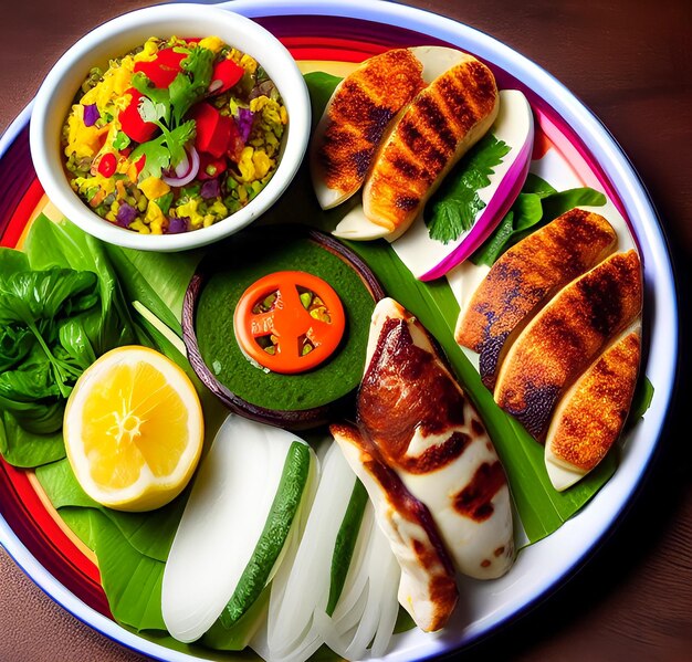 A plate of food with a bowl of food on it