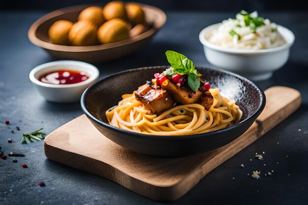 A plate of food with a bowl of food on it