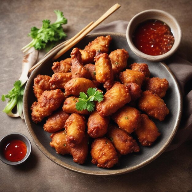 Photo a plate of food with a bowl of food with a bowl of ketchup and a pair of chopsticks