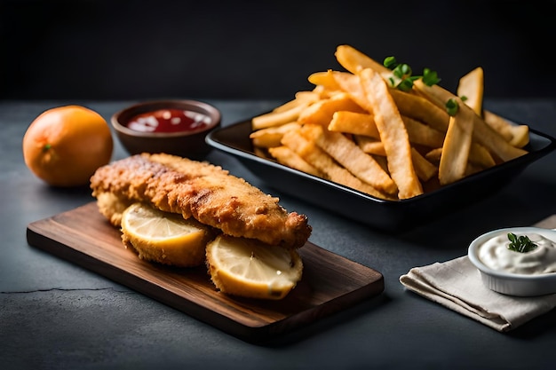 ケチャップのボウルとフライドポテトのプレートが付いた食べ物のプレート