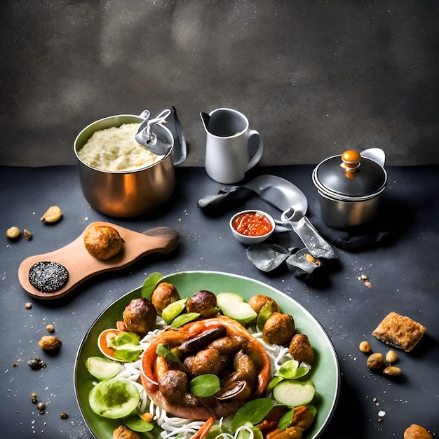 A plate of food with a bowl of noodles and a pot of nutmeg on the table.