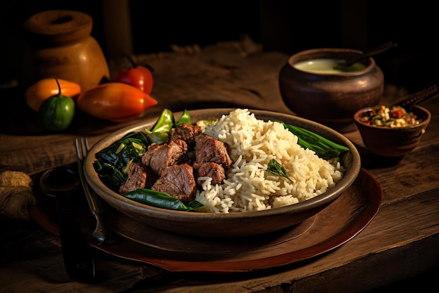 A plate of food with a bowl of rice and a bowl of beef and vegetables