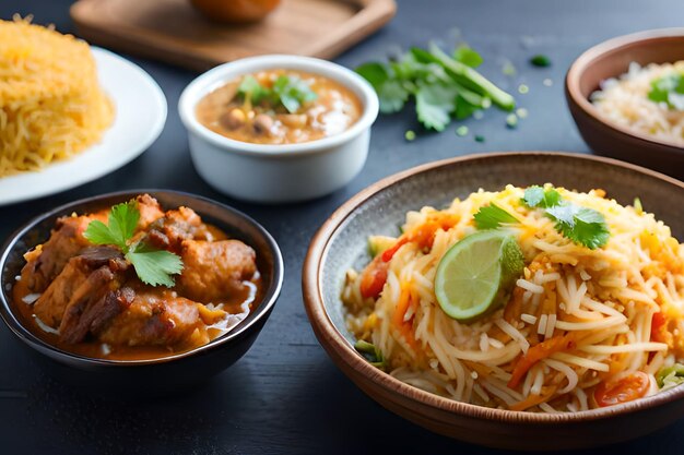 A plate of food with a bowl of rice and a bowl of rice with the word rice on it.