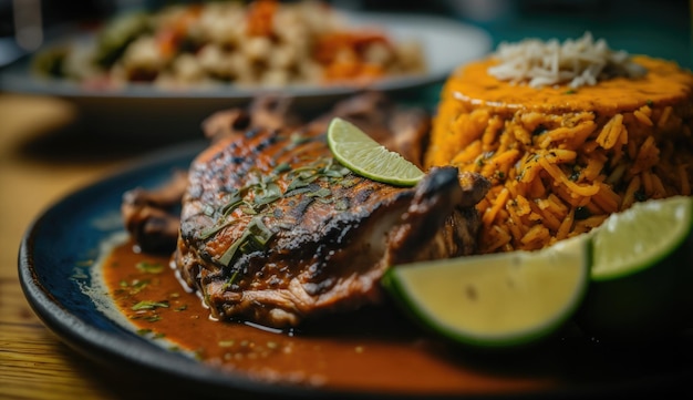 A plate of food with a bowl of rice and a plate