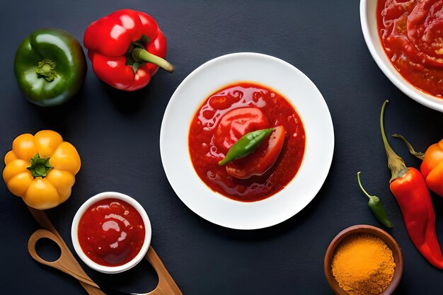 A plate of food with a bowl of salsa and peppers on it.