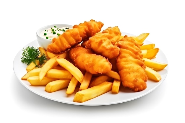 A plate of food with a bowl of sauce and fish fingers on it.