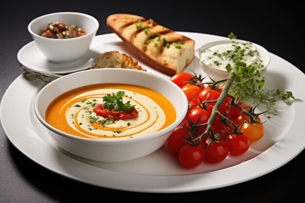 A plate of food with a bowl of soup and bread