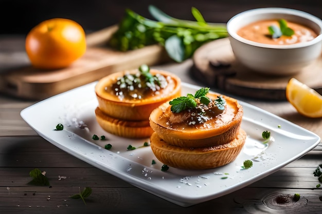 a plate of food with a bowl of soup on it