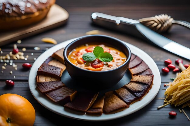 A plate of food with a bowl of soup on it