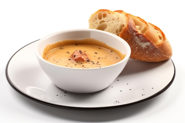 A plate of food with a bowl of soup and a piece of bread.