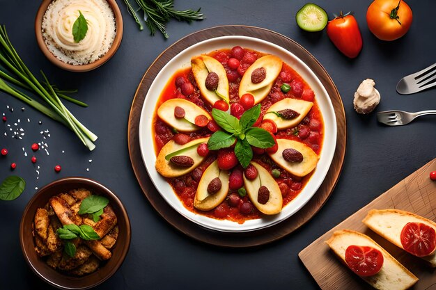 A plate of food with a bowl of tomato sauce and a bowl of bread.