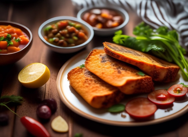 A plate of food with a bowl of vegetables and a plate of food with a plate of food.