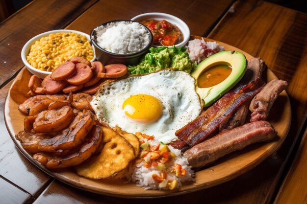 A plate of food with a breakfast plate with a fried egg, beans, and a side of salsa.