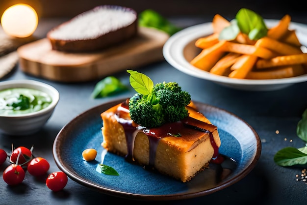 a plate of food with broccoli and a piece of bread on it