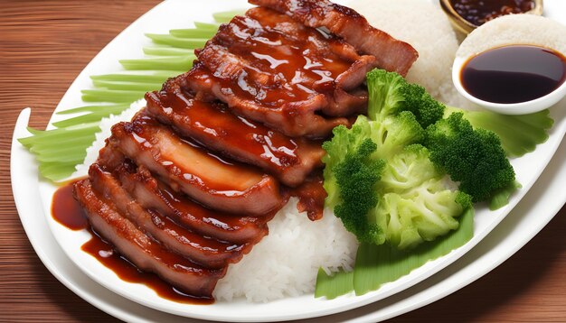 Photo a plate of food with broccoli rice and broccoli