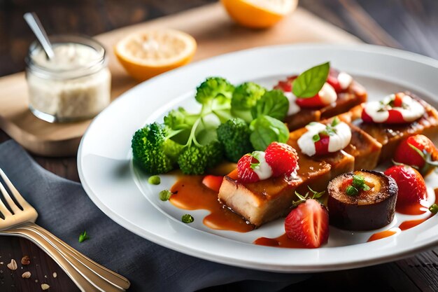 a plate of food with broccoli and strawberries on it