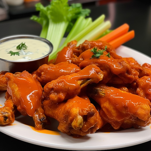 A plate of food with buffalo wings and carrots on it.