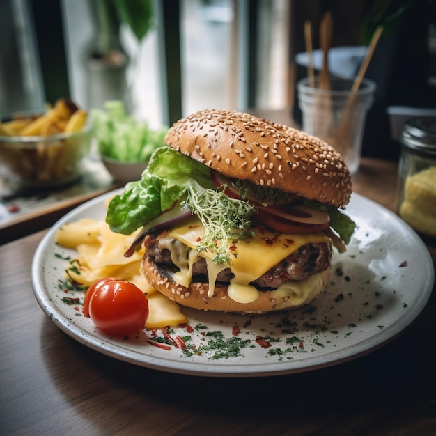 ハンバーガーとフライドポテトが乗ったプレート