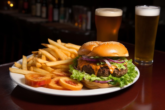 A plate of food with a burger and fries