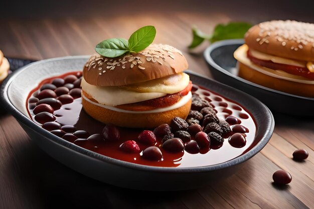 A plate of food with a burger on it and a plate with a strawberry sauce.