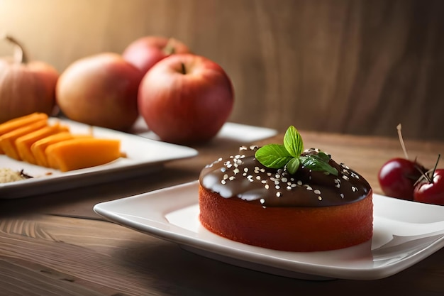 ケーキとフルーツの皿が乗った食べ物の皿