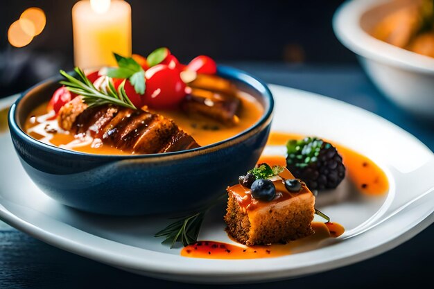 a plate of food with a candle in the background