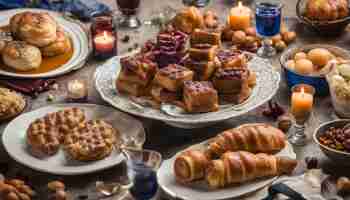 Photo a plate of food with a candle in the background