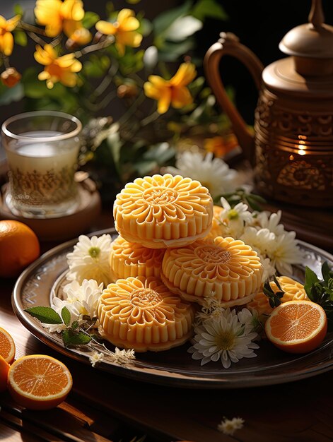 a plate of food with a candle and flowers on it