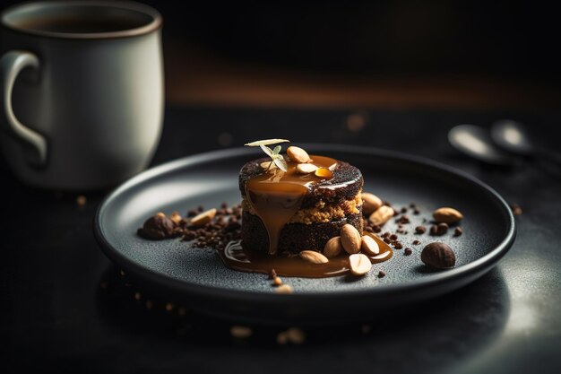 A plate of food with a caramel and nuts