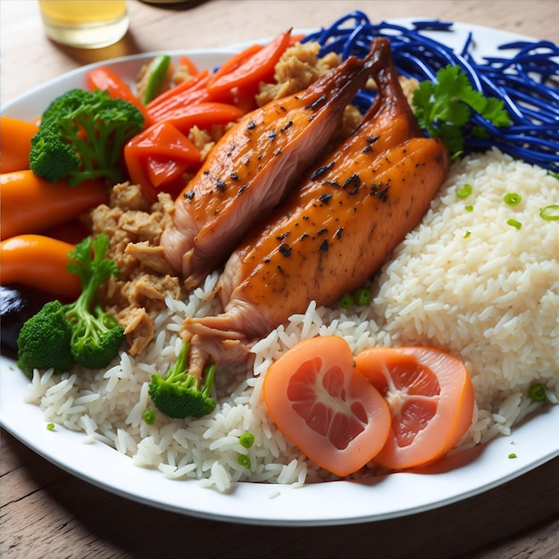 Тарелка с морковью, рисом и рисом.