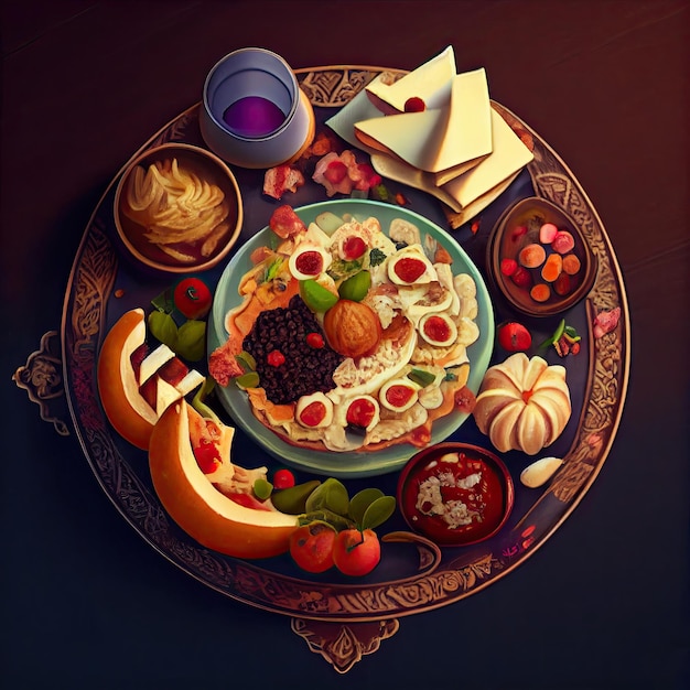 A plate of food with cheese fruit and other foods