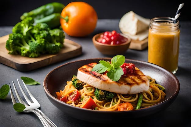 A plate of food with a chicken breast and pasta