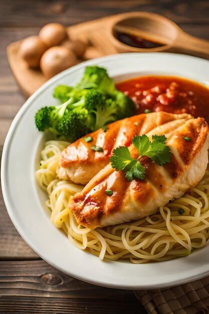 A plate of food with a chicken breast and spaghetti.