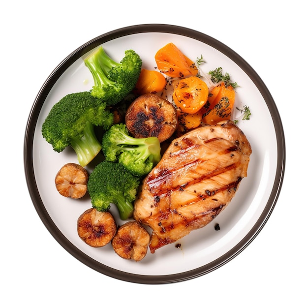 A plate of food with chicken, broccoli, and carrots.