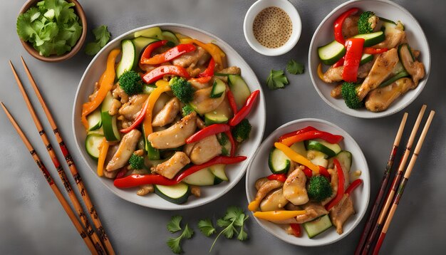 a plate of food with chicken broccoli and peppers