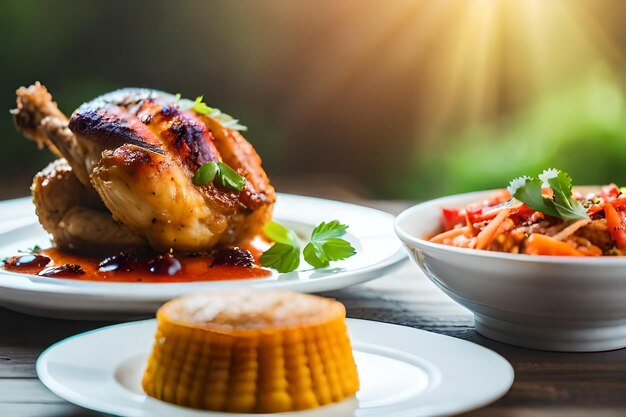 Photo a plate of food with chicken corn and a bowl of salad