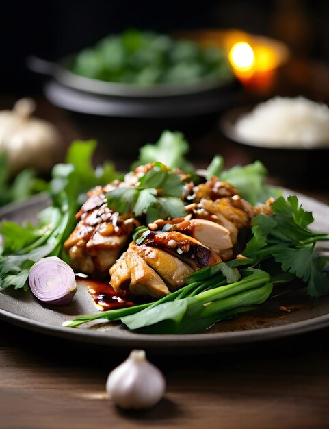 a plate of food with chicken and greens on it