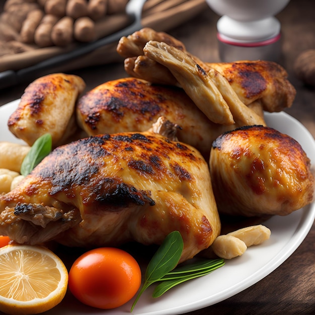 A plate of food with a chicken on it and a bowl of food on the table.