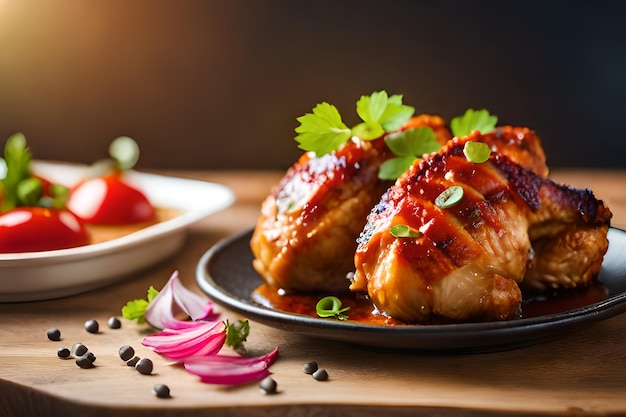 A plate of food with a chicken on it and a plate of strawberries on the side.