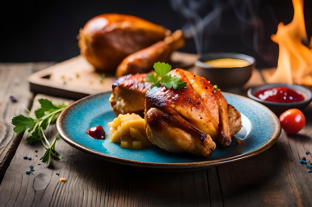 A plate of food with a chicken on it and a sauce on the side.