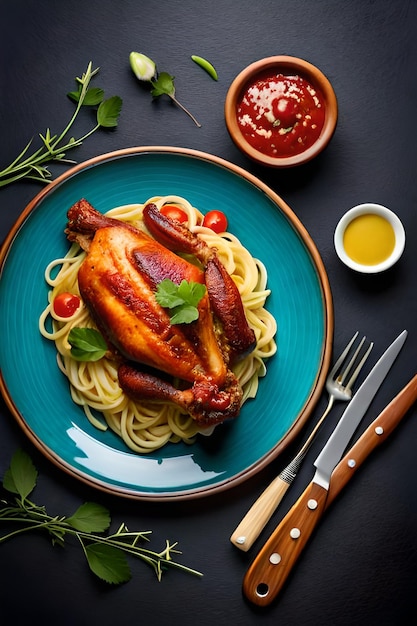 A plate of food with a chicken on it and vegetables on the table