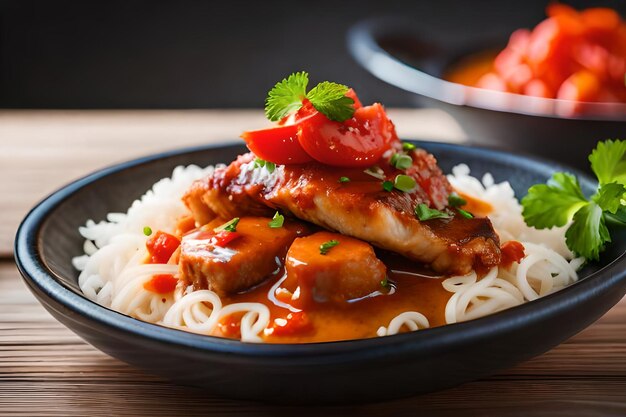 a plate of food with chicken and noodles