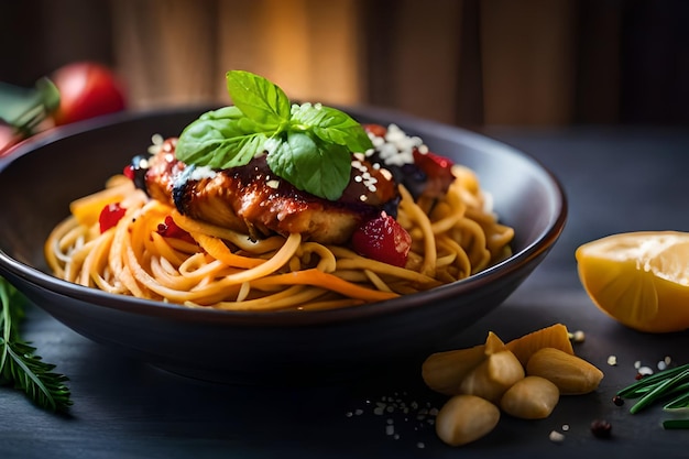 a plate of food with chicken pasta and chips