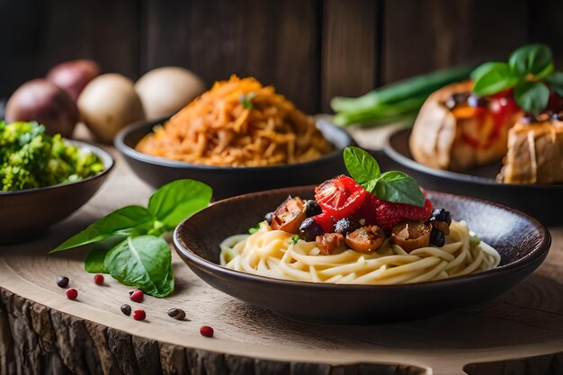 A plate of food with chicken, pasta, and vegetables