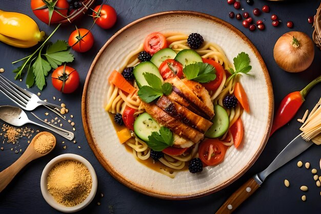 a plate of food with chicken, pasta, and vegetables