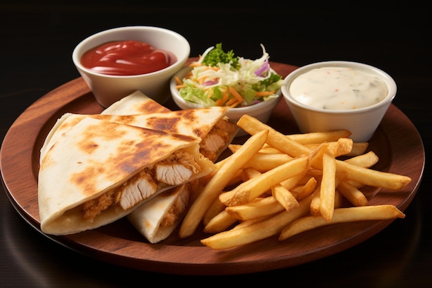 A plate of food with chicken quesadillas on it