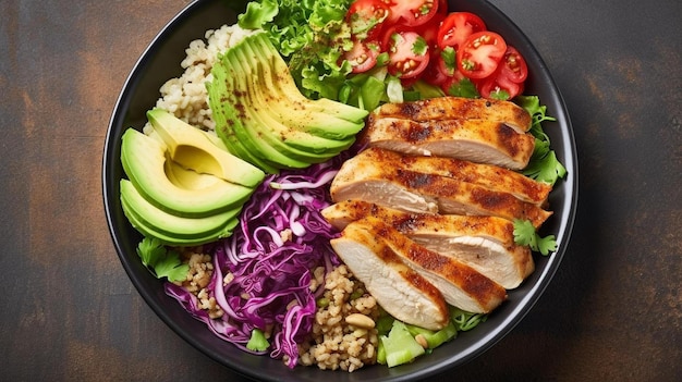 a plate of food with chicken rice avocado and tomatoes