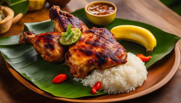 a plate of food with chicken rice and a banana