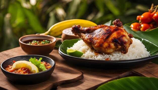 Photo a plate of food with chicken rice and vegetables on it