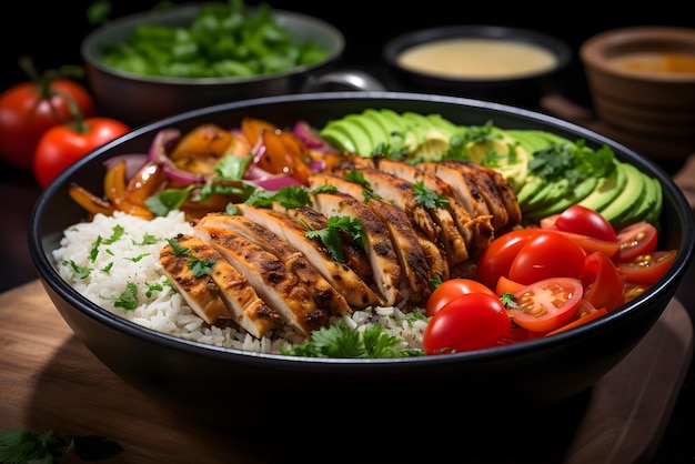 A plate of food with chicken, rice, and vegetables